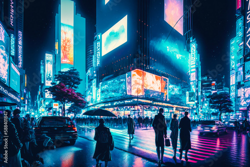 Shibuya crossing in Tokyo  neon night city colors  illustration. Generative AI