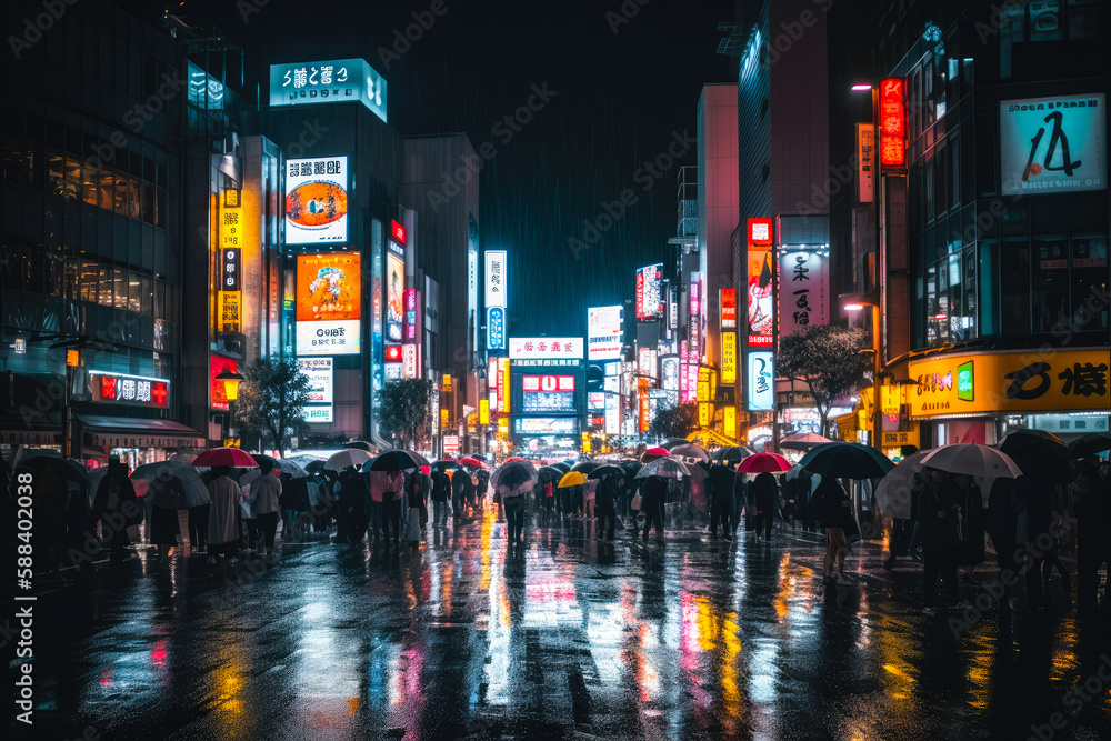 Obraz premium Shibuya crossing in Tokyo, neon night city colors. Generative AI