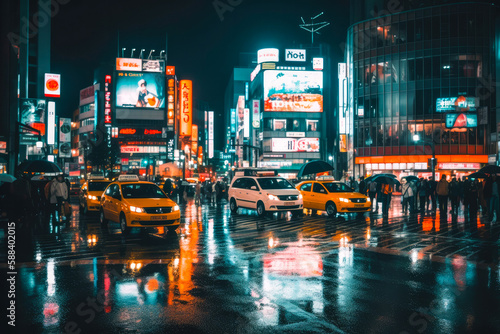 Shibuya crossing in Tokyo, neon night city colors. Generative AI