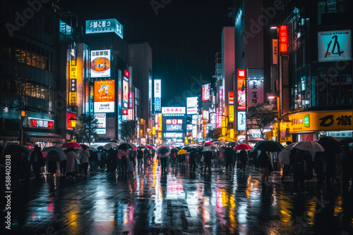 Shibuya crossing in Tokyo, neon night city colors. Generative AI photo