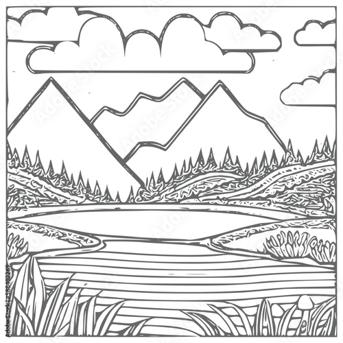 Nice Mountain  river and Sky landscape coloring Book. Vector illustration.