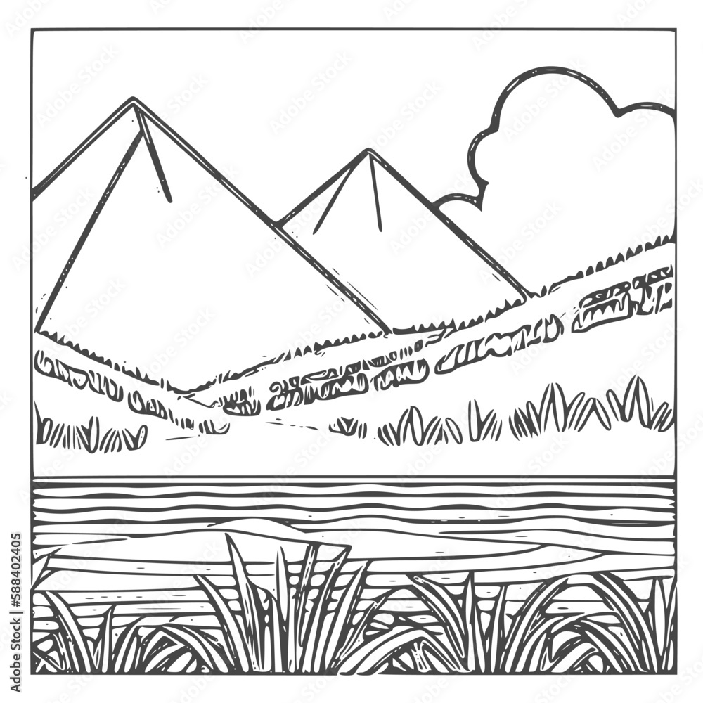 Obraz premium Nice Mountain, river and Sky landscape coloring Book. Vector illustration.
