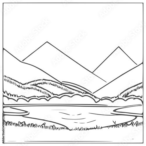 Nice Mountain  river and Sky landscape coloring Book. Vector illustration.