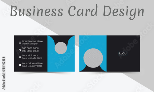 Modern and creative business card design template with image holder. Blue and black color theme. 