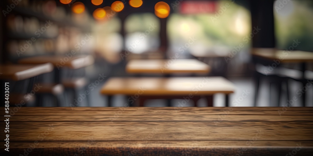 Wooden board empty Table Top And Blur Interior over blur in coffee shop Background, Mock up for display of product by ai generative