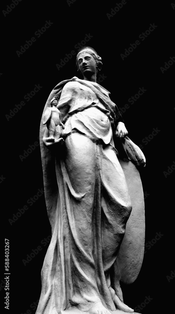 Goddess of wisdom and victory Athena isolated on black background. She holds the winner's warrior in her hand. Black and white image. Goddess of wisdom and victory Athena isolated on black background. She holds the winner's warrior in her hand. Black and white image.