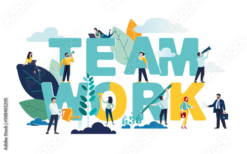 Vector flat business illustration, businessmen together build word teamwork, abstract graphic design, construction business project. Business team people looking for a job. Loudspeaker career planning