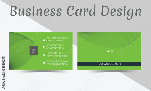 Creative and Clean Business card Template .Green and black color theme with QR code holder .Horizontal orientation .Vector illustration print template
