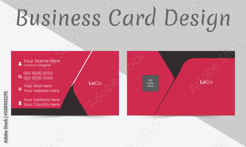 Creative and Clean Business card Template .Pink and black color theme with QR code holder .Horizontal orientation .Vector illustration print template