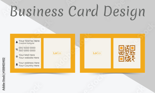Creative and Clean Business card Template .Orange and black color theme with QR code holder .Horizontal orientation .Vector illustration print template