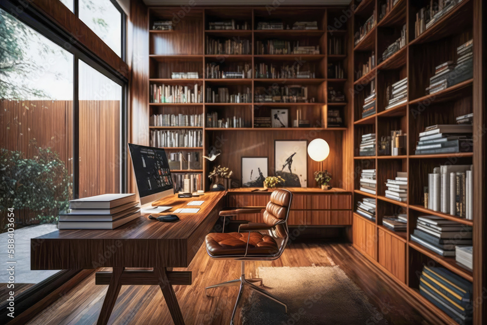 Large office with wooden bookshelf covered walls, and large wooden desk. Generative AI