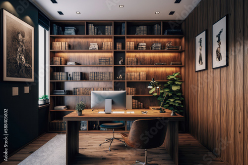 Large office with wooden bookshelf covered walls, and large wooden desk. Generative AI