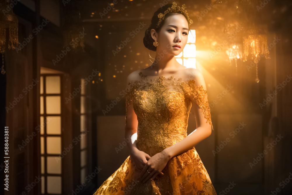 Golden Asian Princess Concept Mood and Tone with light and dress in