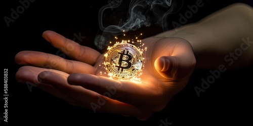 Golden Bitcoin Floating over a Trader Hand. Stock Market Graph as background. Dark Scene, Money Investment on Crypto Currency by  ai generative