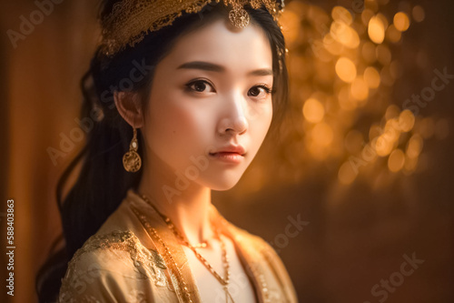 Golden Asian Princess Concept Mood and Tone with light and dress in Brightness Gold Theme. generative AI