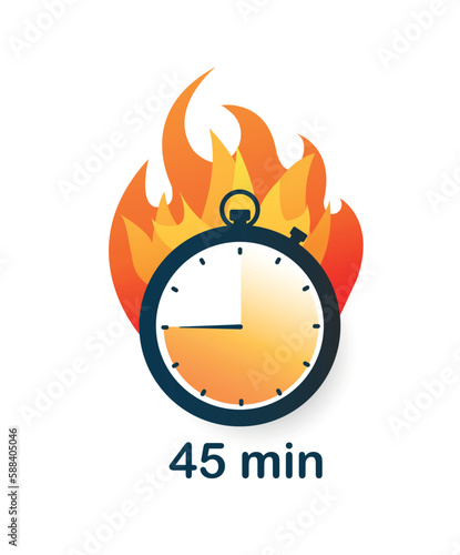 45 minutes clock on fire icon. Time management and deadline setting. Organization of effective workflow, self development and motivation. Cartoon flat vector illustration
