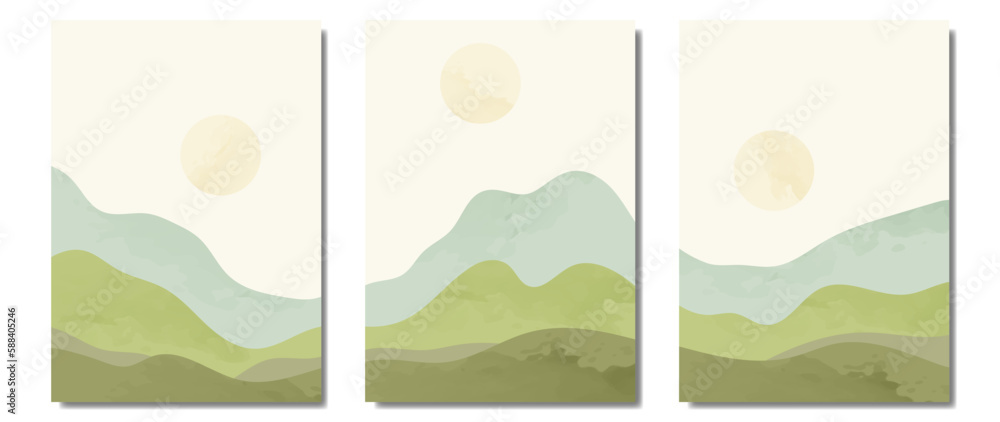 A set of paintings with green mountain landscapes and the sun. Minimal landscape art, mountains and sunrise with watercolor brush and texture. Abstract artistic wallpaper for prints, artwork, wall art