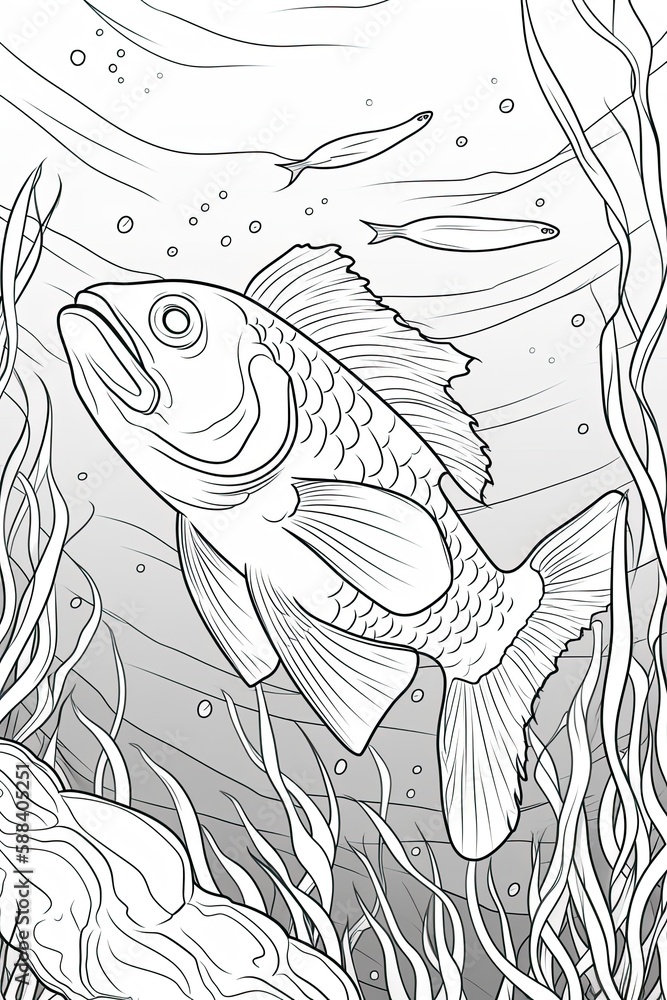 Obraz premium Cute fish coloring page for kids. Black and white. Generative AI