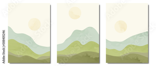 A set of paintings with green mountain landscapes and the sun. Minimal landscape art, mountains and sunrise with watercolor brush and texture. Abstract artistic wallpaper for prints, artwork, wall art