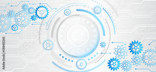 Futuristic high tech concept. Business and industry internet banner. The mechanism consisting of gears on a gray background for the presentation. Cogwheel for science experiment presentation.