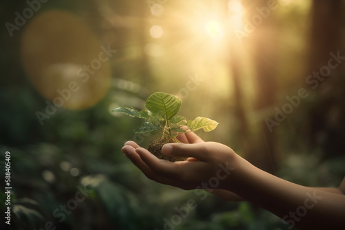 Nature protection and planet Earth protection concept. Woman hands holding growing small tree in hands. Planting trees and save nature and forest idea. Jungle and greenery background. Generative AI