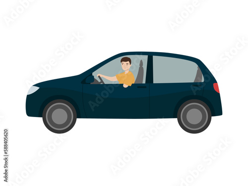 Young man with amputated hand driving a car. Handicapped person 