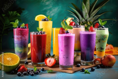 Wallpaper Mural Assorted flavors of fruit and vegetable smoothies and bubble tea | multilayered, multicolored and Rainbow colored | Generative AI Torontodigital.ca