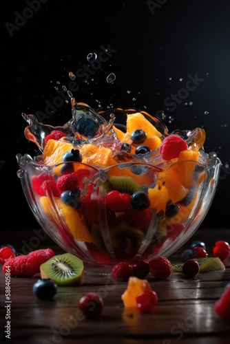 Fruit splashing into a crystal bowl of fruit juice, with some fruit falling out | dark background | Generative AI