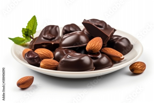 Dark chocolate candies with nuts on plate. Isolated. Sweet mix of candies. AI generated art