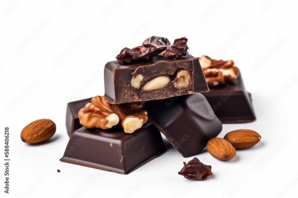 Dark chocolate candies with nuts on plate. Isolated. Sweet mix of candies, broken piece. AI generated art Dark chocolate candies with nuts on plate. Isolated. Sweet mix of candies, broken piece. AI generated art