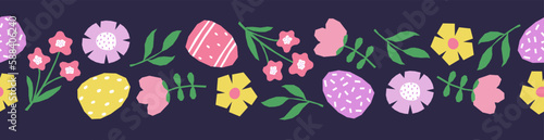 Seamless border with hand drawn Easter eggs, flowers and leaves. Cutout colorful plants and eggs on dark blue background.