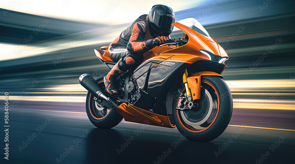 Man riding superbike, motorbike on the road riding. having fun riding the empty road on a motorcycle tour / journey isolated on blurred motion background. Generative AI