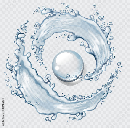 Transparent realistic vector  water round splash and drop on light background. Symbol of water.