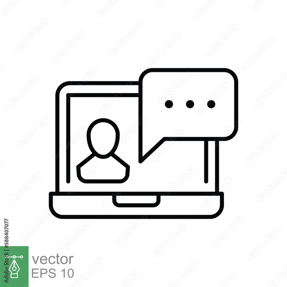 Virtual learning icon. Video training, digital meeting on laptop, live talk concept. Simple outline style. Thin line symbol. Vector illustration isolated on white background. EPS 10. Virtual learning icon. Video training, digital meeting on laptop, live talk concept. Simple outline style. Thin line symbol. Vector illustration isolated on white background. EPS 10.
