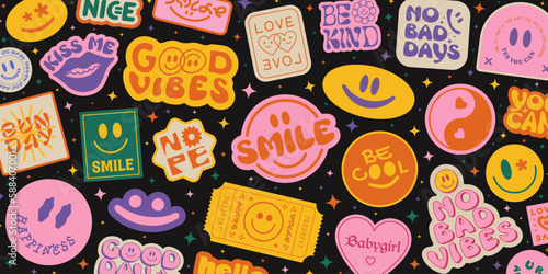 Cool Groovy Stickers Background. Y2k Patches Collage. Pop Art Illustration Vector Design. Funky Pattern.