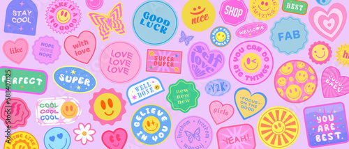Cool Groovy Stickers Background. Y2k Patches Collage. Pop Art Illustration Vector Design. Funky Pattern.