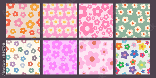 Cool Groovy Flower Seamless Pattern Set. Vector Floral Repeat Texture. Y2k Background.