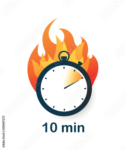 10 minutes clock on fire icon. Interface for programs and applications. Marketing and advertising on Internet, discounts, sales and promotions. Cartoon flat vector illustration