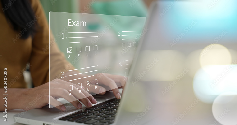 online exam concept, choose correct answer in test. checklist and online testing on laptop. online exam test with laptop. on-line questionnaire results on desktop. quiz... online exam concept, choose correct answer in test. checklist and online testing on laptop. online exam test with laptop. on-line questionnaire results on desktop. quiz...