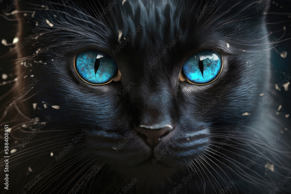 portrait of a black cat with blue eyes. isolated on black background. Generative AI