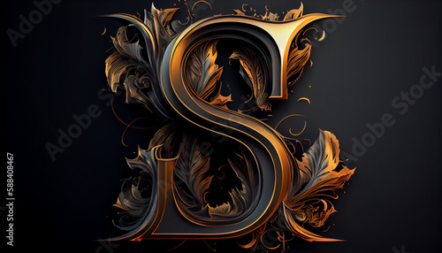 Capital letter S ateampunk alphabet in gold and black colour created with generative Ai technology