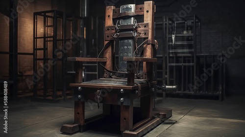 Electric chair in a jail room created by generative AI photo