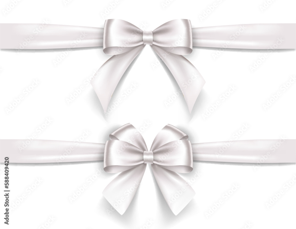 Set of satin decorative white bows with horizontal ribbon isolated on white background. Vector white bow and ribbon