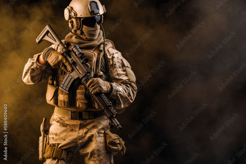 Special Forces Military Unit in Full Tactical Gear posing, on a dusty background and smoke, soldier Special Forces Military Unit in Full Tactical Gear posing, on a dusty background and smoke, soldier