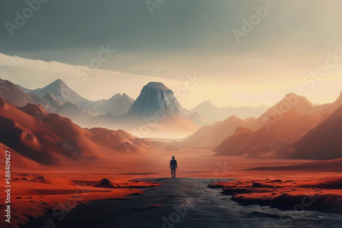 minimalist background with a sillouette person in the middle, mountains and desolate, generative ai