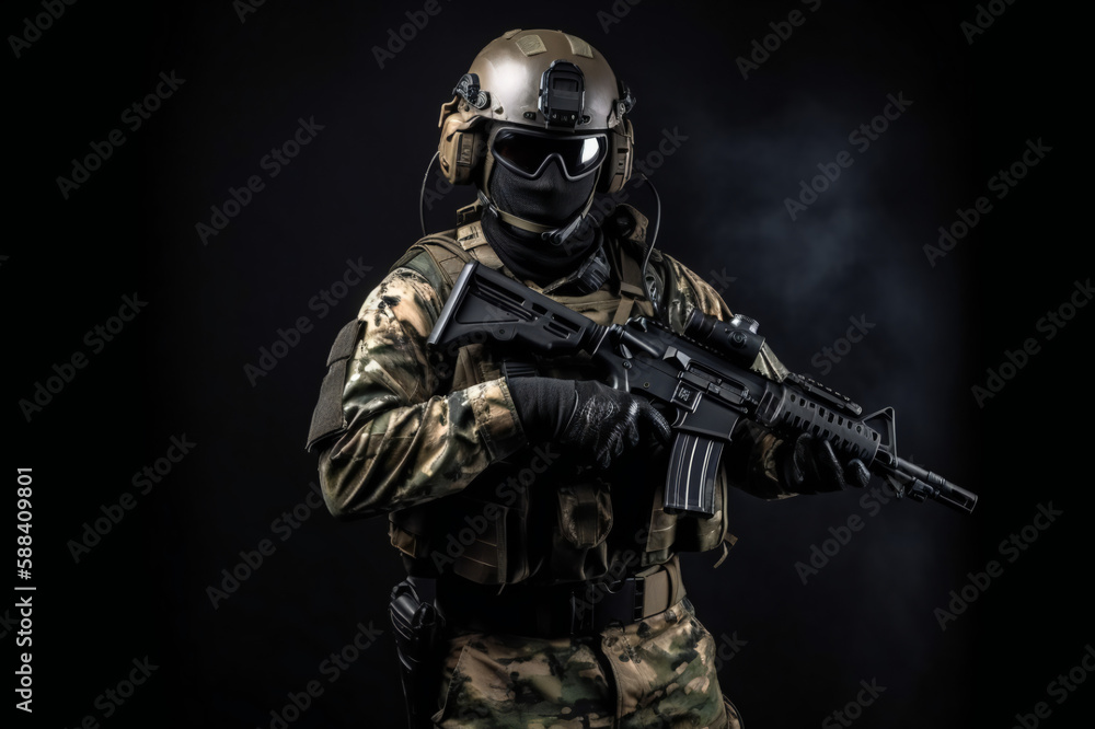 Special Forces Military Unit in Full Tactical Gear posing, on a black background, soldier