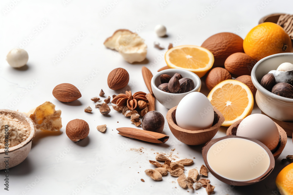 Allergy food concept Allergies to eggs citrus fruit, On white background, AI Generated. Allergy food concept Allergies to eggs citrus fruit, On white background, AI Generated.