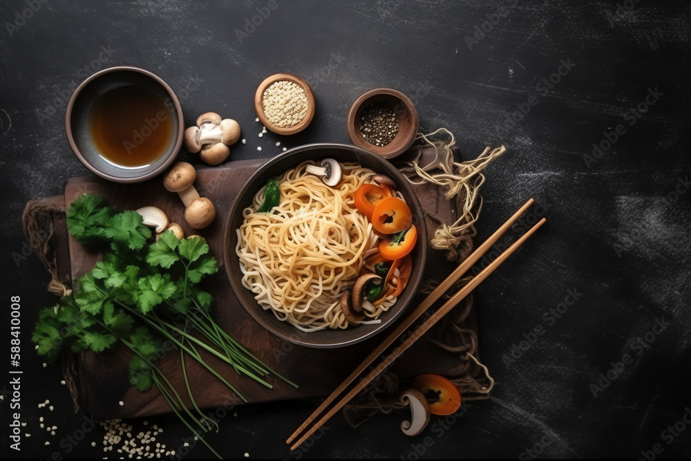 Top view, Asian noodles with vegetables and mushrooms soy sauce, on grey black background, AI Generated. 