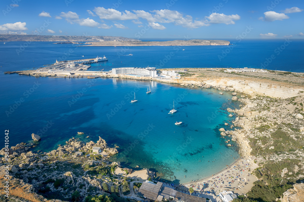 Landscape with Paradise bay beach, Malta country