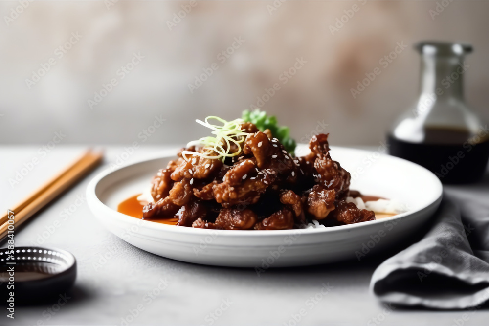 Fried beef with oyster sauce mockup, On white table, Grey background, AI Generated Fried beef with oyster sauce mockup, On white table, Grey background, AI Generated